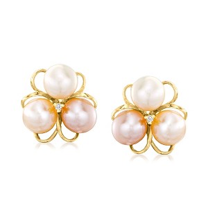 Ross-Simons 6.5mm Multicolored Cultured Pearl Flower Earrings With Diamonds in 18kt Gold Over Sterling - 1 of 4