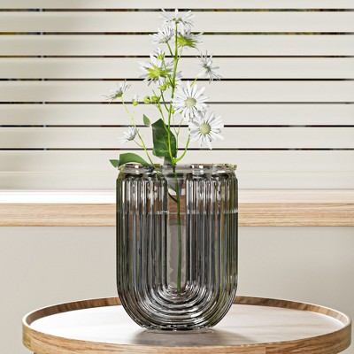 VECELO U-shaped Ribbed Glass Decorative Flower Vase, Gray
