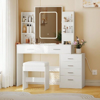 Vanity Desk with Mirror, 6 Drawers, Shelves, Charging Station,