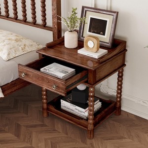 Retro Style Nightstand with Drawer and Open Shelf for Bedroom, Bedside Table with Turned Legs and Metal Handle - 1 of 4