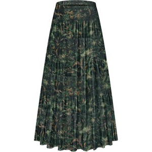 Women's Chiffon Boho Maxi Skirt - High Waist Tiered Pleated Floral A-Line Long Skirt Green Pattern - 1 of 4