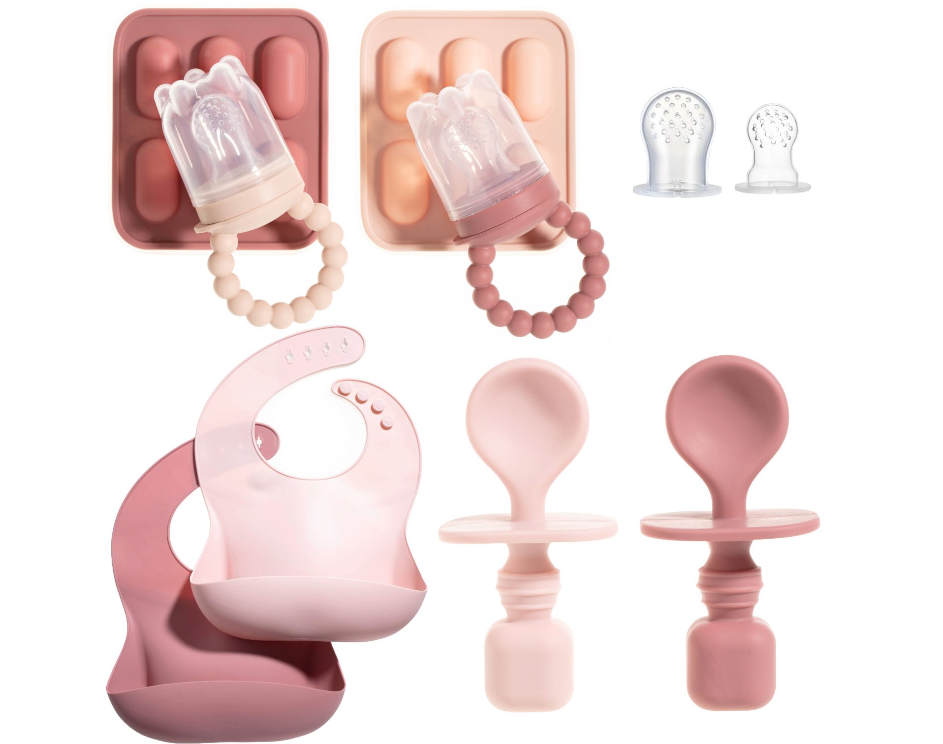 Baby Feeding Set - Fruit Feeders, Silicone Bibs & Baby Spoons for Self-Feeding- First Stage Baby Must-Haves, Gum-Friendly, BPA-Free, Easy to Clean