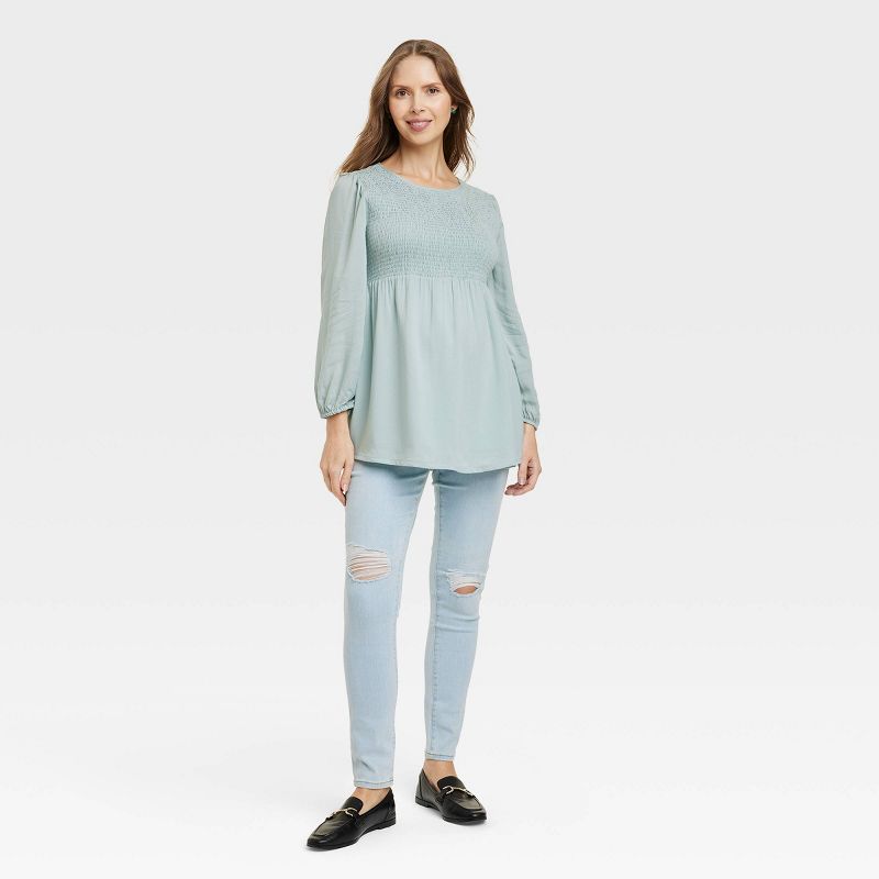 Long Sleeve Smocked Woven Maternity Shirt - Isabel Maternity by Ingrid & Isabel™ Light Blue, 3 of 4