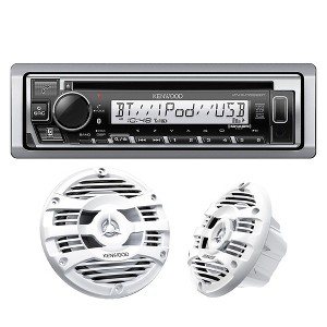 Kenwood KMR-D382BT Marine CD Receiver Compatible w/ Bluetooth with 1 Pair of KFC-1653MRW 6.5" 2-way Marine Speaker System (White) - 1 of 4