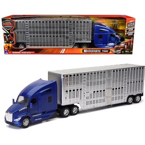 Kenworth T680 Truck Blue Metallic with Livestock Trailer Chrome "Long Haul Trucker" Series 1/32 Die Cast Model by New Ray - 1 of 3
