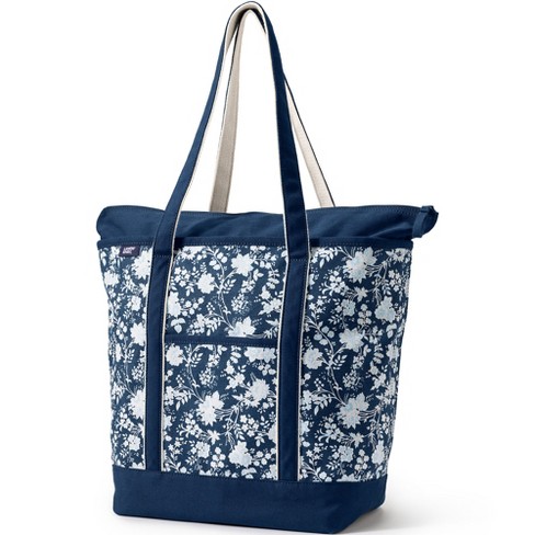 Lands End Canvas Tote Bag Large Zip Top Blue Argyle Print and Monogram MEM