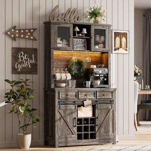 Jojoka Farmhouse Coffee Bar Cabinet with LED Light and Power Outlet,Kitchen Cabinet with 3 Drawers - 1 of 4