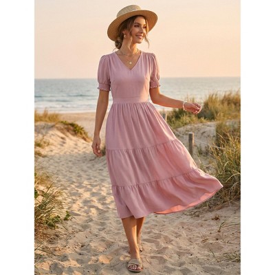 Женские платья INSPIRE CHIC Women's Summer Smocked Floral Tiered Beach Flowy Boho Maxi Dress X-Large Pink — фото 2