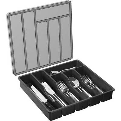 Attop Flatware Storage with Lid, Covered Utensil Tray for Kitchen Drawer and Countertop 6 Compartments, Black