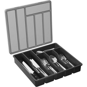 Attop Flatware Storage with Lid, Covered Utensil Tray for Kitchen Drawer and Countertop 6 Compartments, Black - 1 of 4