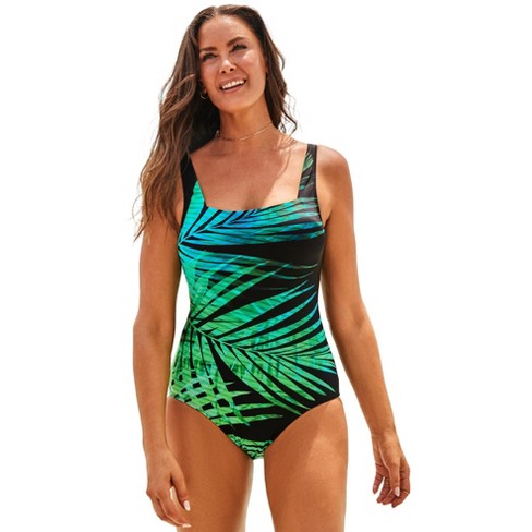 Swimsuits for All Women's Plus Size Chlorine Resistant Square Neck Tummy  Control One Piece Swimsuit, 24 - Green Electric Palm