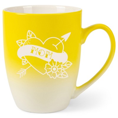 100 North Floral Heart 10 Ounce Yellow and White Two Toned Ombre, Comfortably Fits Your Hands, Ceramic Tea Coffee Cup Mug, Mom