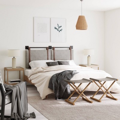Gray Upholstered Full Wall Mount Headboard with Brown Leather Straps