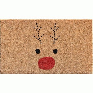 HomeRoots 17" X 29" Natural Black and Red Coir Reindeer Outdoor Christmas Door Mat - 1 of 3