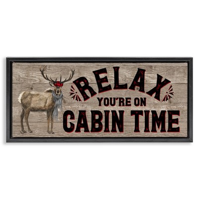 Stupell Industries Cabin Time Phrase with Deer Black Framed Floater Canvas Wall Art
