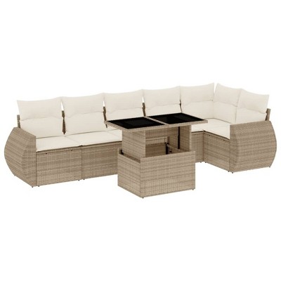 vidaXL 7 Piece Patio Sofa Set with Cushions Beige and Cream Poly Rattan