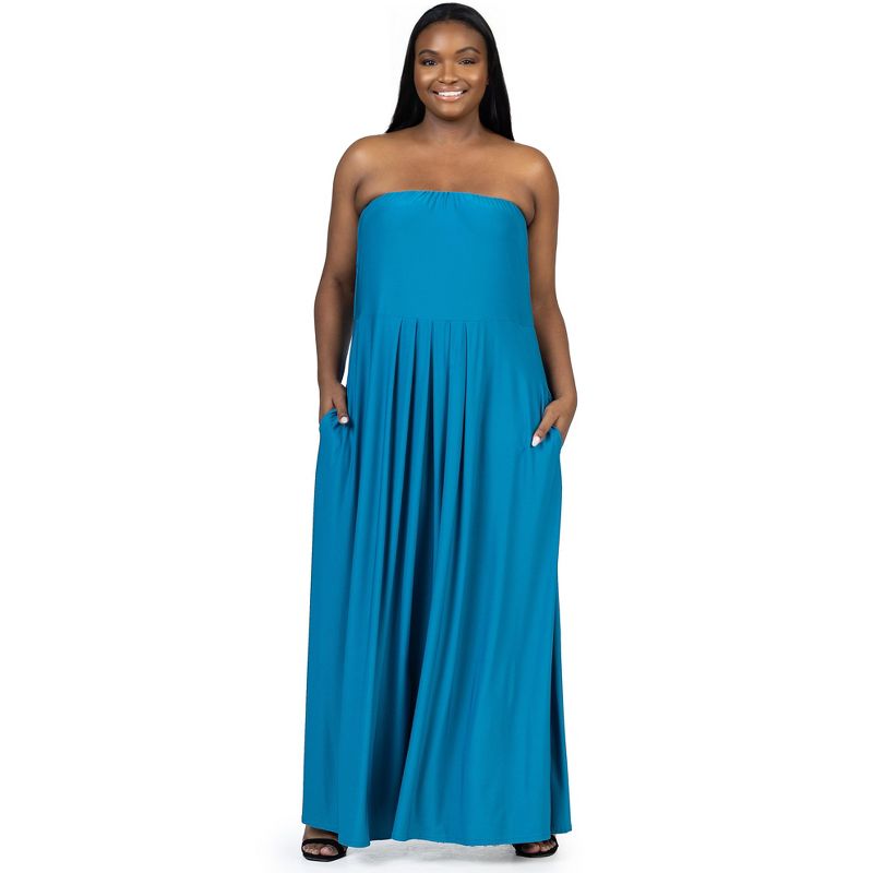 24seven Comfort Apparel Plus Size Pleated A Line Strapless Maxi Dress With Pockets, 4 of 7