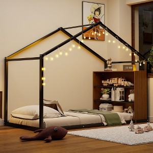 CAVINAS Twin/Full Size House Bed Frame with Shelves & Lights,Metal Floor Bed for Kids Room,Bedroom - 1 of 4