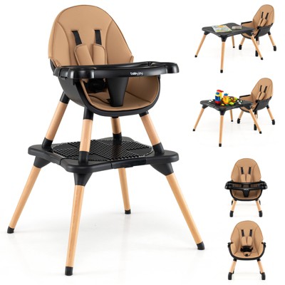 Infans 5-in-1 Baby High Chair Infant Wooden Convertible Chair 5-Point Seat Belt Coffee