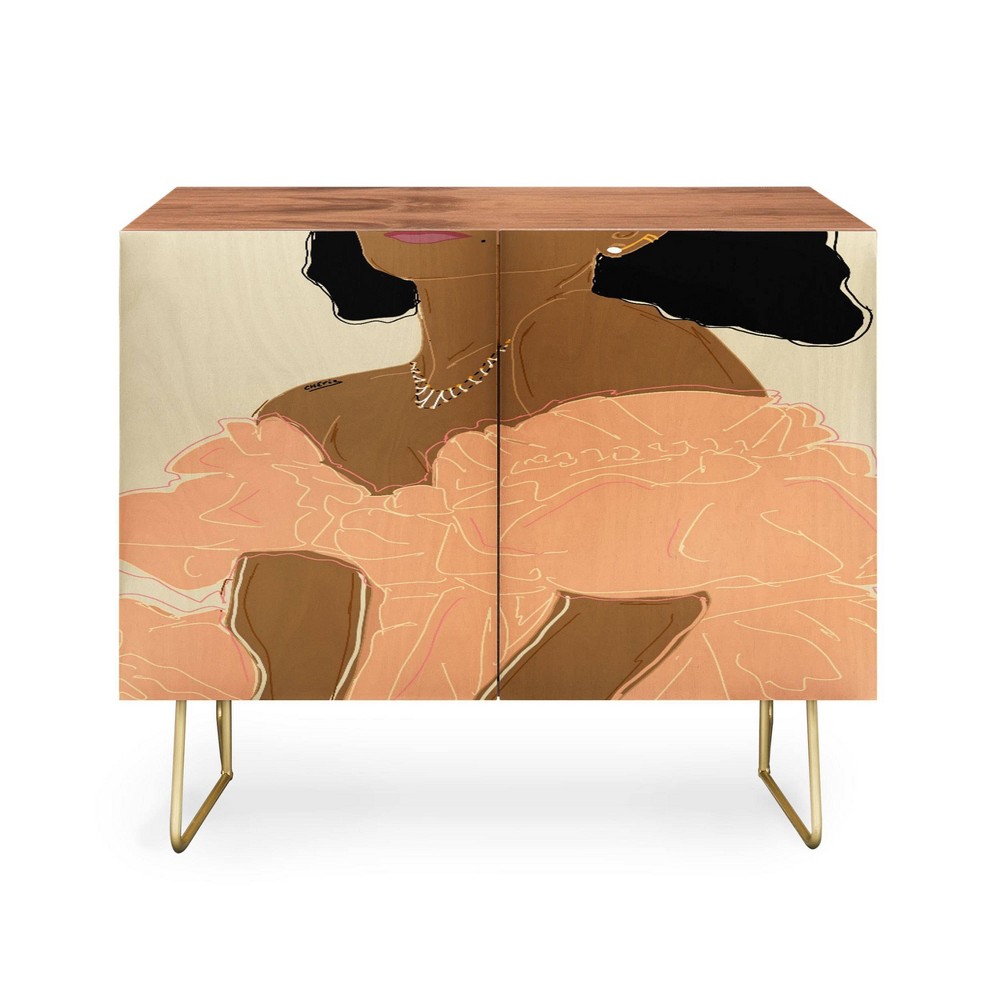 EELISE_NDRI Gushin Over You Credenza Walnut/Pink/Gold - Deny Designs: Mid-Century Modern, Adjustable Shelves