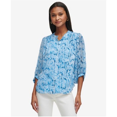Calvin Klein Womens Chiffon Button Up Shirt, Blue, X-Large