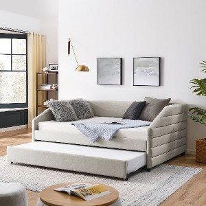 CAVINAS Twin Size Bed Frame, Linen Fabric Upholstered Daybed with Trundle, Tufted Sofa Bed with Diamond-Tufted Backrest and Stylish Wingback Arms - 1 of 4