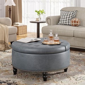 30 Inch Large Round Lift Top Ottoman, Leather Ottoman Coffee Table with Storage - 1 of 4