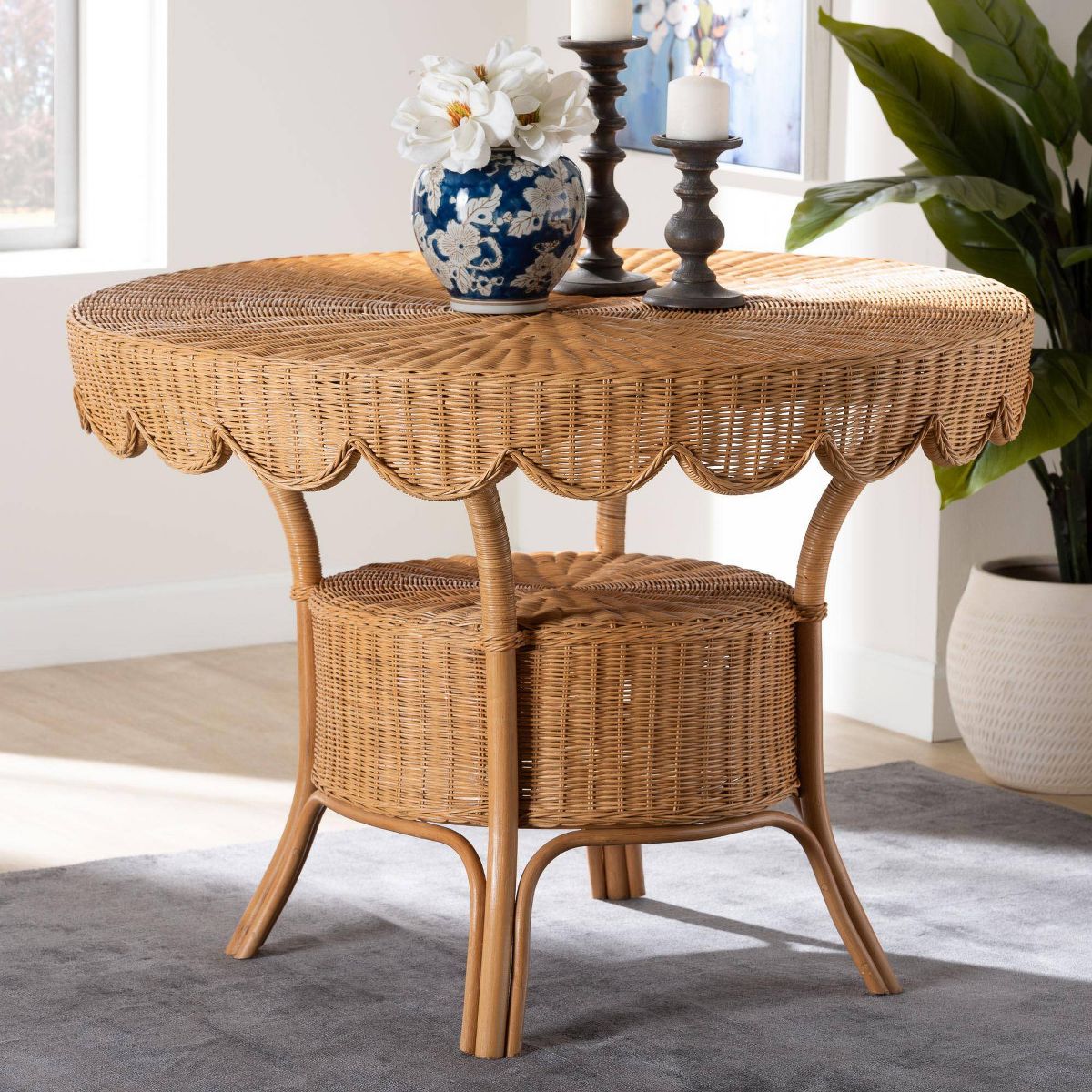 bali & pari Abena Bohemian Scalloped Rattan Dining Table Light Honey - thumbnail 5