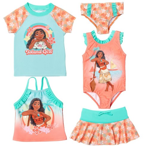 Disney Princess Moana Toddler Girls 5 Piece Swimsuit Set: One-Piece  Swimsuit Swim Rash Guard Tankini Top Bottom Skort 2T