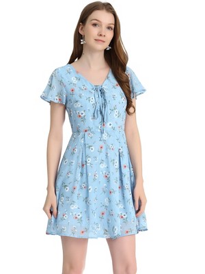 Allegra K Women's Floral Printed Flare Short Sleeve Lace-up V Neck A-Line Chiffon Dress