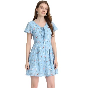 Allegra K Women's Floral Printed Flare Short Sleeve Lace-up V Neck A-Line Chiffon Dress - 1 of 4