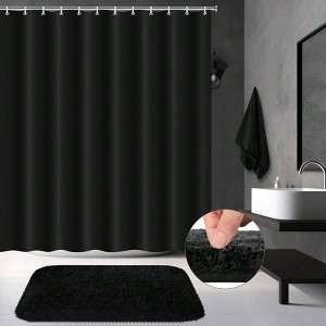 3Pack Bathroom Curtain Set with Shower Rug and Towel Waterproof Non Slip Black Bath Soft Hand Towel 12 Hooks Hotel Decor - 1 of 4