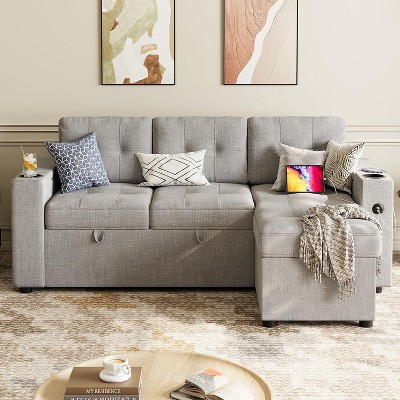 Sleeper Sofa, 84 Inch Sofa Bed with 2 Charging Ports, L Shaped Couch with 2 Storage Armrest and 2 Cup Holders, 2 Charging Ports