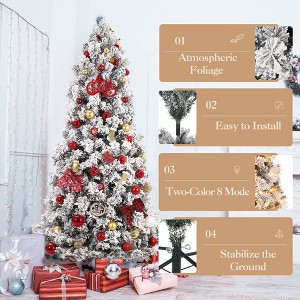 Snow Flocked Prelit Artificial Christmas Tree, Full Cedar Xmas Tree with 350 Double Color Led Lights - 1 of 4