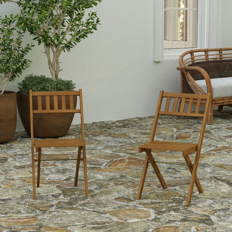 Merrick Lane Set of 2 Solid Acacia Wood Armless Folding Patio Bistro Chairs with Slatted Backs and Seats in Natural Finish, 3 of 9
