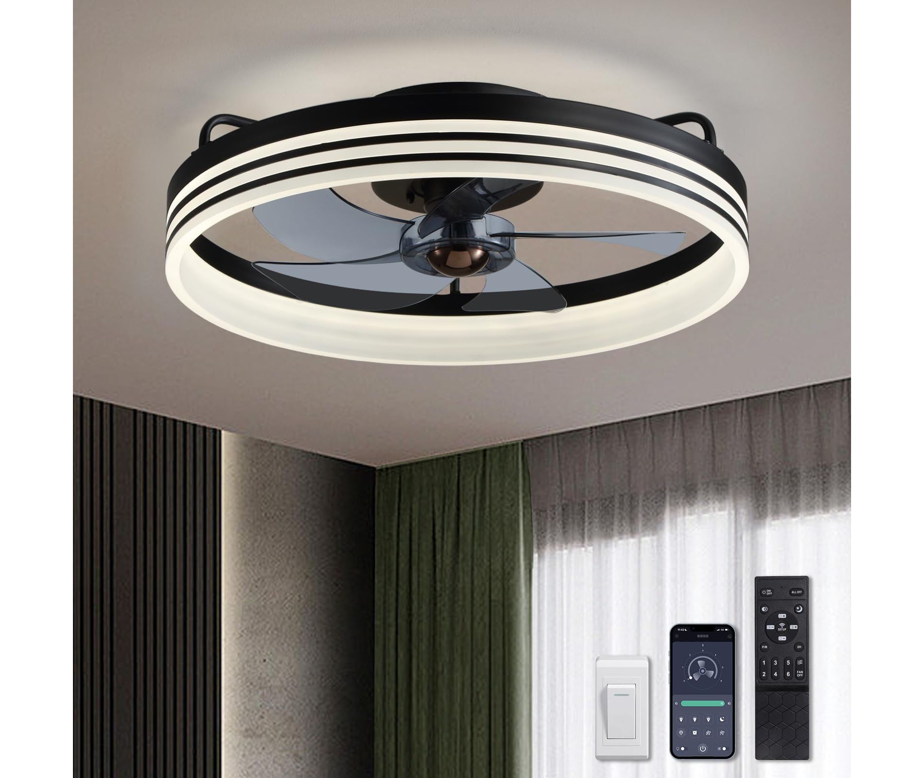 Ludomide Ceiling Fans with Lights, Flush Mount Ceiling Fan with Lights and Remote, 6 Wind Speeds Smart Low Profile Ceiling Fan for Bedroom