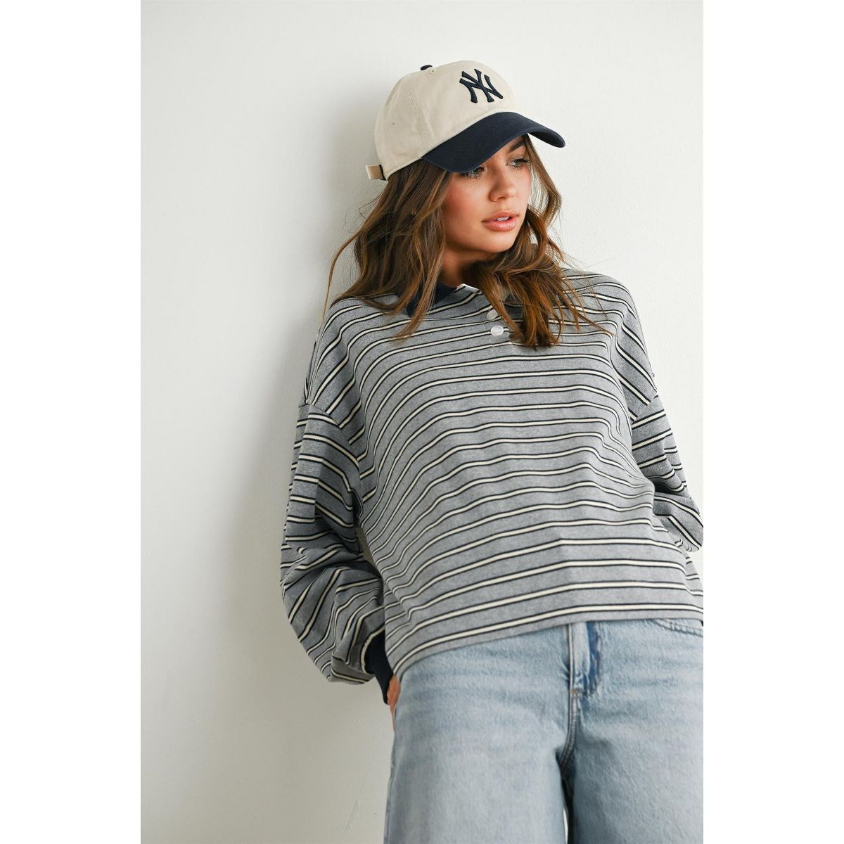 BUTTERMELON Womens Quarter-Button Striped Collared Long Sleeve Top - thumbnail 9