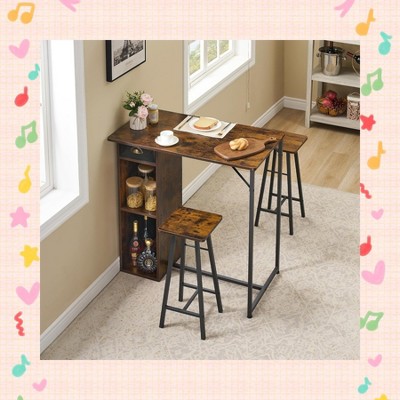Garvee 3 Piece Bar Table Set with Storage - Dining Table with 1 Drawer and 2-Layer Storage Shelf, Compact Design for Small Spaces