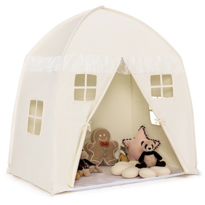 Infans Kids Play Tent, Large Spacious Cotton Canvas Playhouse with Non-Slip Cloth, 4 Windows, Straps, Zipper, Carry Bag, Play Tent for Toddlers, White