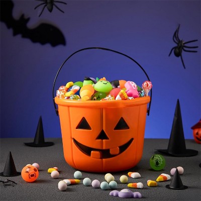 Joyfy 6 pcs Halloween Orange Pumpkin Candy Bucket, Trick or Treat Goody Baskets, Portable Pails with Handle for Kids Party Favors