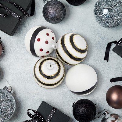 Set of 4 White and Black Striped Glass Christmas Ornaments with Gold Accents