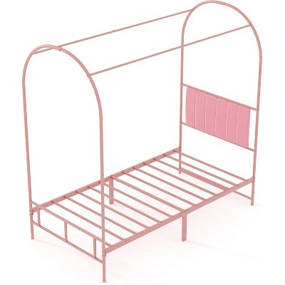 Canopy Bed Frame, Metal Kids Platform with Upholstered Headboard, Strong Slats, Noise Free, Easy Assembly