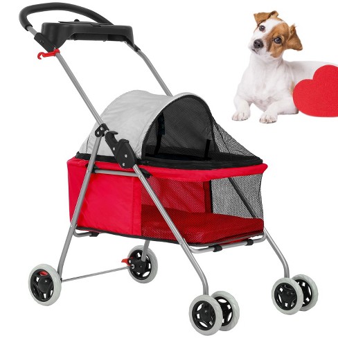 FDW 4 Wheels Pet Stroller Cat Dog Stroller Portable Folding Travel Carrier Strolling Cart Waterproof with Storage Basket Mesh Windows Red