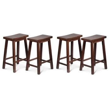PJ Wood Classic Saddle-Seat 24" Tall Kitchen Counter Stools for Homes, Dining Spaces, and Bars w/ Backless Seats, 4 Square Legs, Walnut (Set of 4)