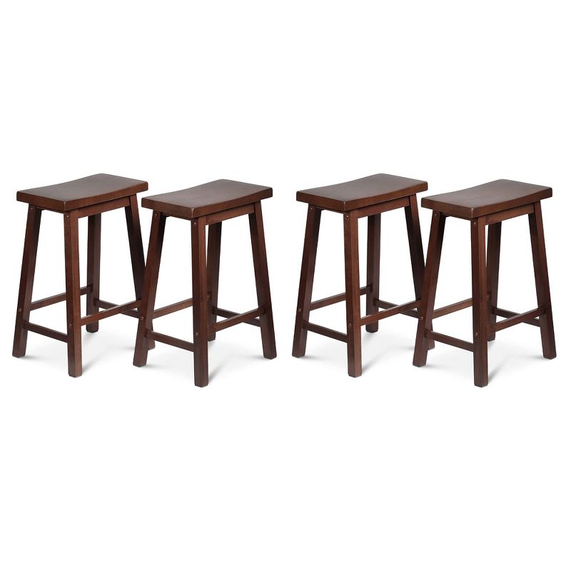 PJ Wood Classic Saddle-Seat 24" Tall Kitchen Counter Stools for Homes, Dining Spaces, and Bars w/ Backless Seats, 4 Square Legs, Walnut (Set of 4), 1 of 7