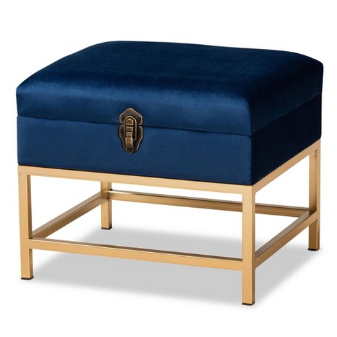 Aliana Fabric And Metal Ottoman Navy Blue gold Baxton Studio