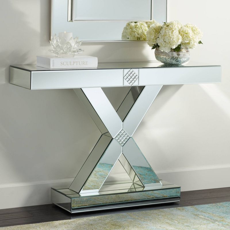 Studio 55D Medina Modern Mirrored Mosaic Glass Rectangular Console Table 46 1/2" x 13" Silver X-Frame for Living Room Bedroom Bedside Entryway House, 2 of 10