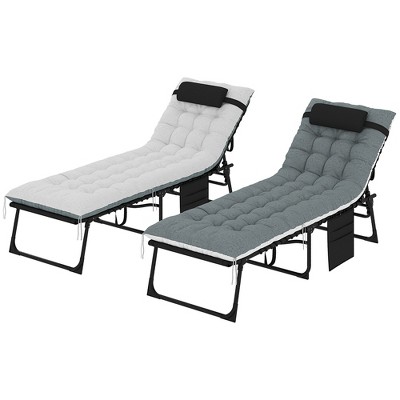 Outsunny 2 Pieces Outdoor Lounge Chairs, 5-Level Reclining Outdoor Chaise Lounge, Folding Tanning Chair with Cushion for Beach, Poolside, Black/Gray