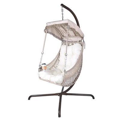 Swing Egg Chair with Stand, Indoor and Outdoor, Wicker Rattan Frame, 350-lb Capacity, with Sunshade, Patio, Cushions and Pillows