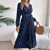 Women's Dot Printed Casual Dress V Neck Long Sleeve Tie Waist Pleated Midi Dress - 2 of 4